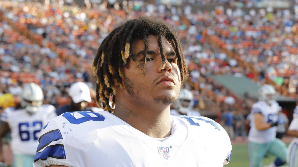 Dallas Cowboys defensive tackle Trysten Hill (79) is seen during the second half of a preseason NFL football game against the Los Angeles Rams, Saturday, Aug. 17, 2019, in Honolulu. (AP Photo/Marco Garcia)