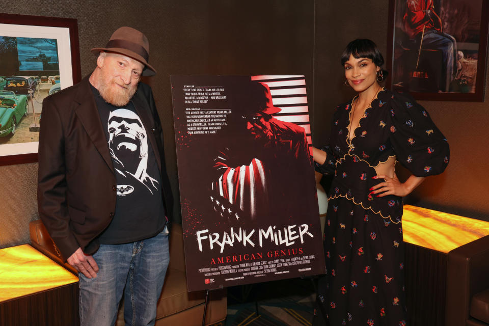 Rosario Dawson and Frank Miller attend their discussion of the new documentary "Frank Miller: American Genius"