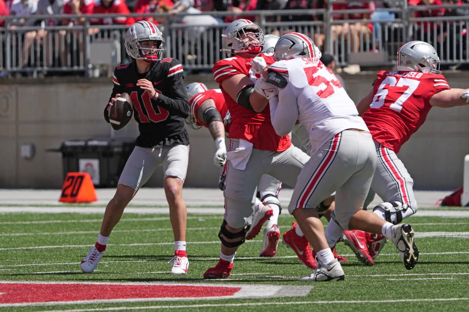 Apr 13, 2024; Columbus, OH, USA; Ohio State Buckeyes quarterback Julian Sayin (10) looks to pass the ball during the Ohio State football spring game at Ohio Stadium.