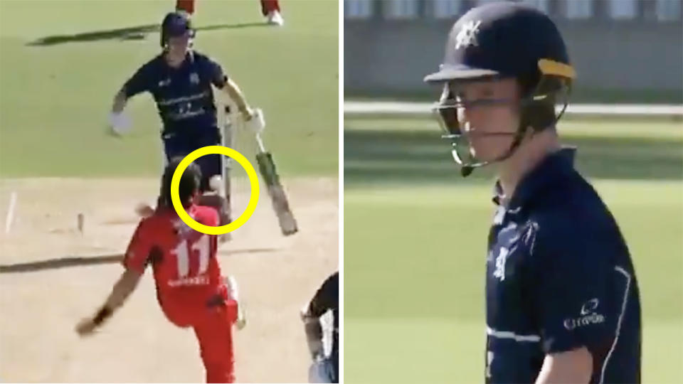 Victoria's Sam Harper was given out for obstructing the field after stepping in front of a shy at the stumps from SA bowler Daniel Worrall. Pictures: Cricket Network