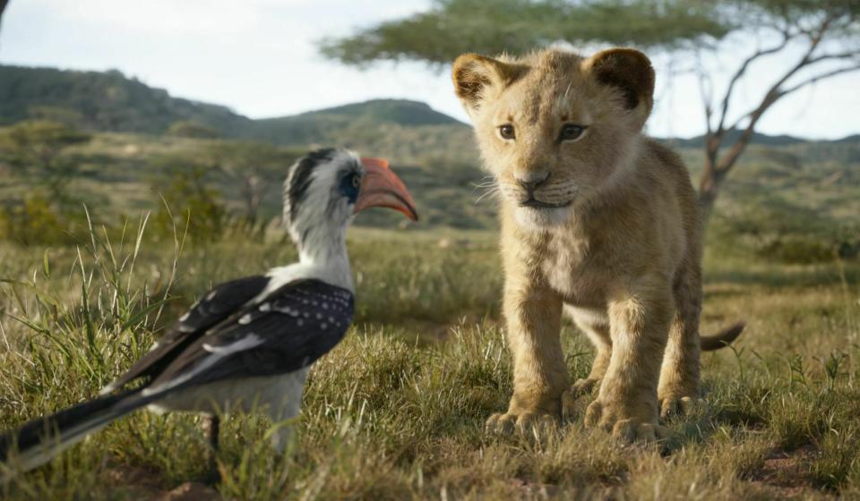 This image released by Disney shows characters, from left, Zazu, voiced by John Oliver, and young Simba, voiced by JD McCrary, in a scene from "The Lion King." (Disney via AP)