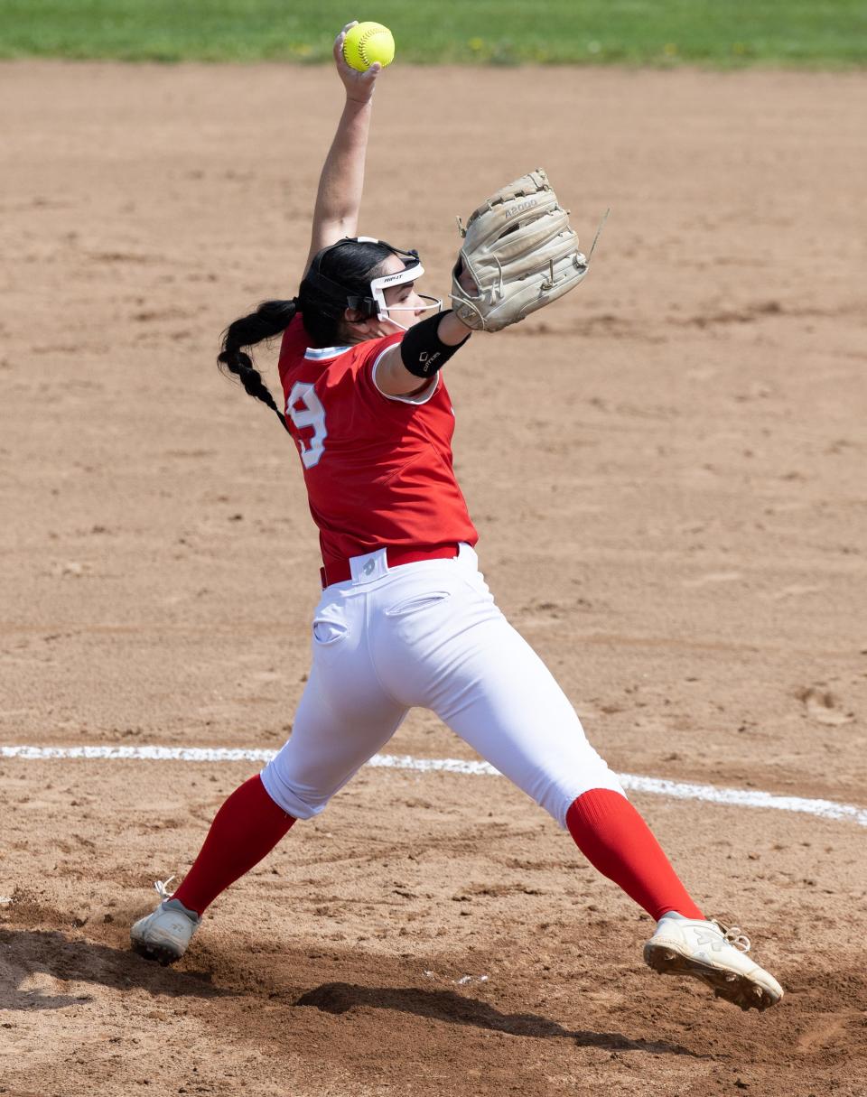 Alliance's Emma Reese delivers a pitch during their game at Massillon Saturday, May 6, 2023. 