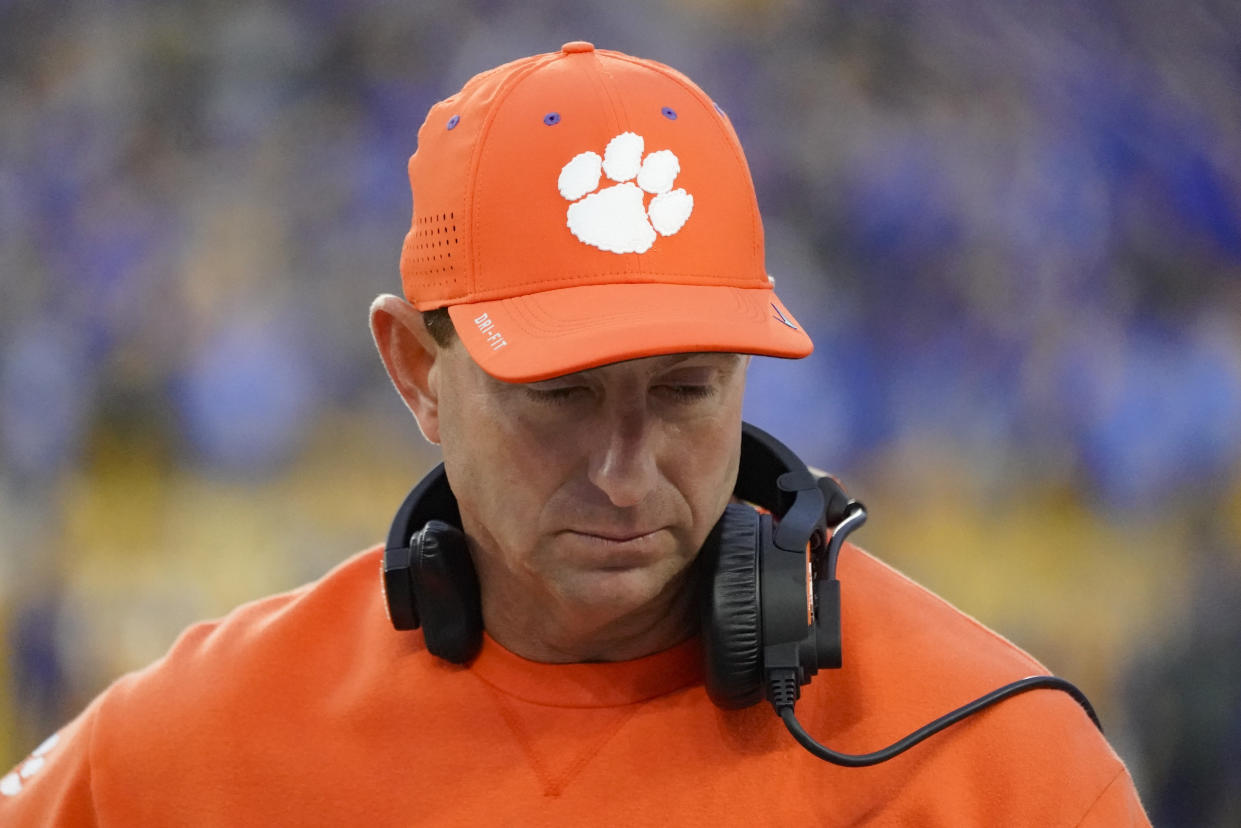 Clemson head coach Dabo Swinney on the sideline during the second half of an NCAA college football game against Pittsburgh, Saturday, Oct. 23, 2021, in Pittsburgh. Pittsburgh won 27-17. (AP Photo/Keith Srakocic)