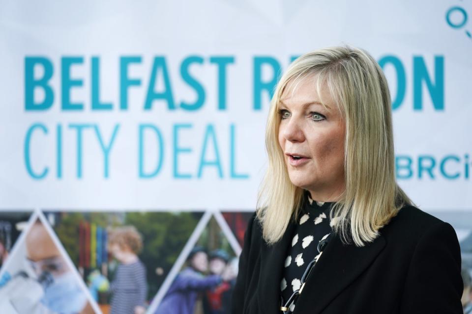 Suzanne Wylie speaking to the media following the signing of the Belfast Region City Deal in 2021 (Brian Lawless/PA). (PA Wire)