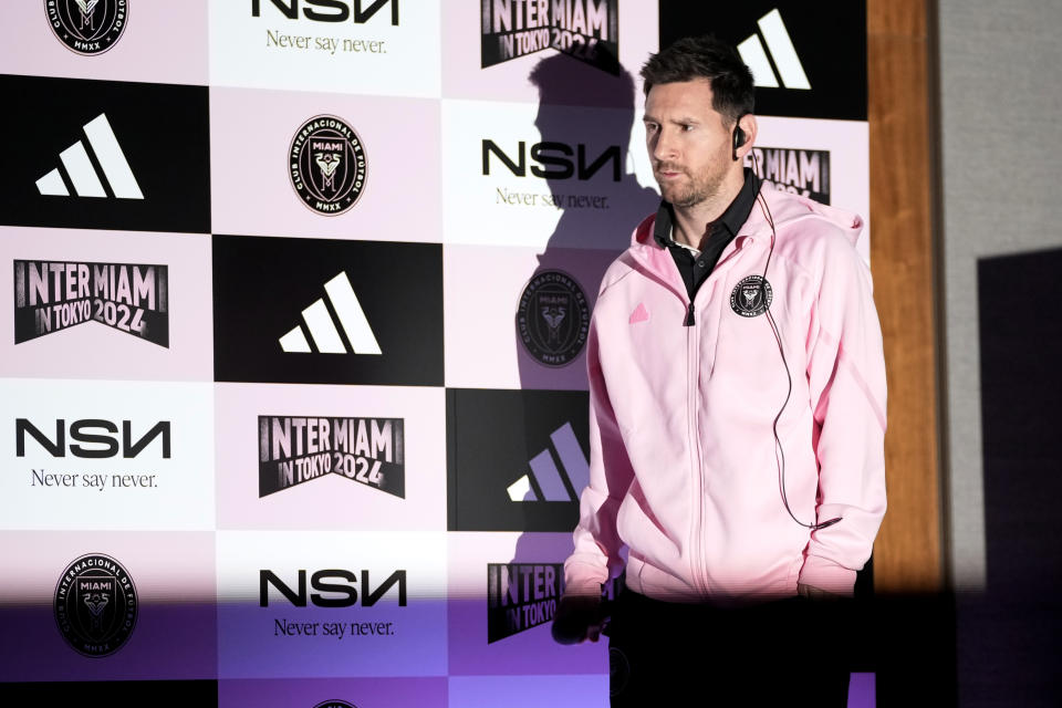 Inter Miami's Lionel Messi arrives for a press conference at a hotel, ahead of his team's friendly soccer match against Vissel Kobe in Tokyo, Tuesday, Feb. 6, 2024. (AP Photo/Shuji Kajiyama)