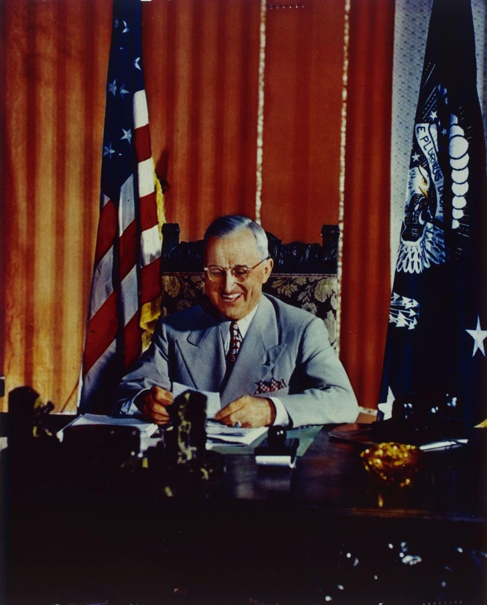 US President Harry S Truman (1884-1972) signed the Foreign Aid Assistance Act in 1947 in Washington, DC, but chose not to run in the 1952 election (Getty Images)