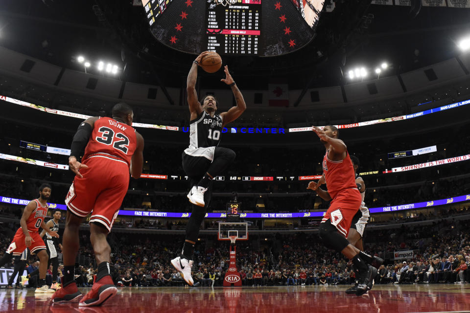 San Antonio Spurs forward DeMar DeRozan (10) goes to the basket against the Chicago Bulls during the second half of an NBA basketball game Monday, Jan. 27, 2020, in Chicago. (AP Photo/David Banks)