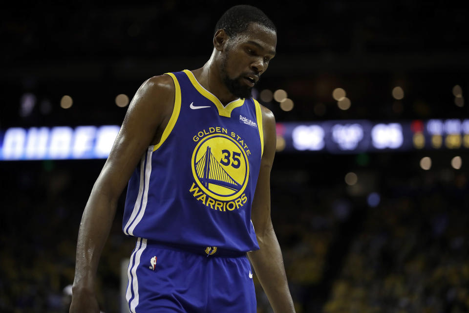 Golden State Warriors' Kevin Durant during the second half in Game 5 of a first-round NBA basketball playoff series against the Los Angeles Clippers Wednesday, April 24, 2019, in Oakland, Calif. (AP Photo/Ben Margot)