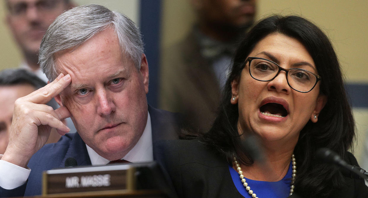 Representative Mark Meadows, left, a Republican from North Carolina, listens as comments made by Representative Rashida Tlaib, Democrat from Michigan are reviewed a House Oversight Comittee hearing with Michael Cohen, former personal lawyer to U.S. President Donald Trump, not pictured, in Washington, D.C., on Wednesday, Feb. 27, 2019.  (Photos: Al Drago/Bloomberg via Getty Images - Alex Wong/Getty Images)