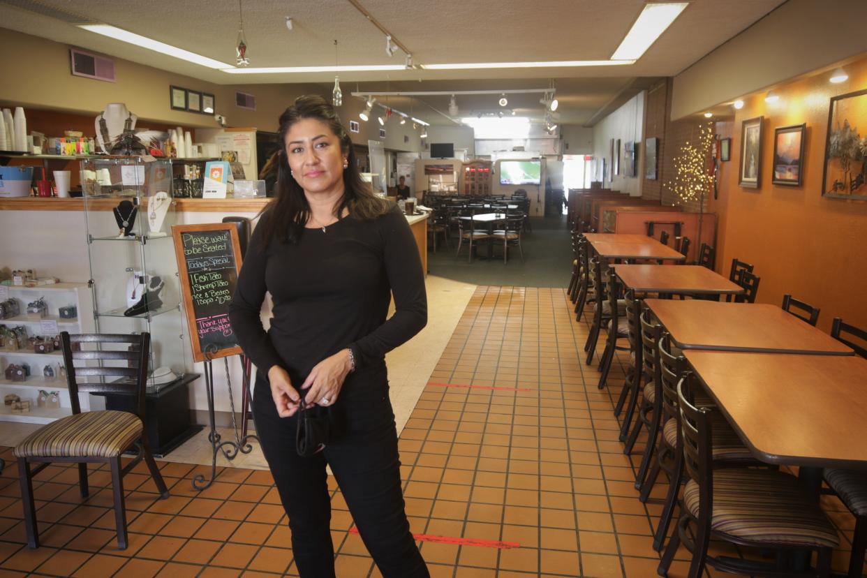 Monica Schultz, the owner of The Chili Pod restaurant in downtown Farmington, encourages her outdoor diners to bring their dogs with them.