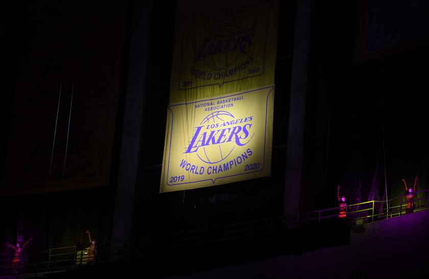 LOS ANGELES-CA-MAY 12, 2021:Unveiling of the Lakers championship banner at Staples Center.