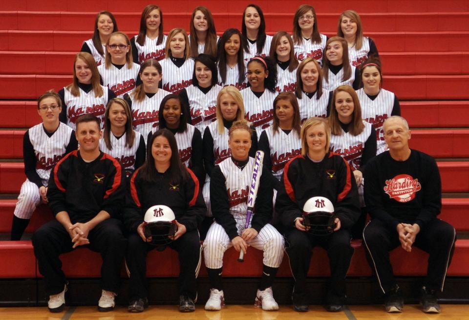 The 2010 Harding High School softball team is, row 1 from left, head coach Sean Kearns, coach Rose Cunningham, Kaitana Wilson, coach Lindsay Ebbeskotte, and coach Scott McCrery; row 2 from left, Kayla Morganson, Alexis Howard, Nikki Jackson, Courtney Johnson, Hannah James and Kortni Backensto; row 3 from left, Morgan Fleming, Savannah McCormack, Ashley Sayre, Jaimie Mason. Morgan Fields and Morgan Shirk; row 4 from left, Alyssia Tharp, Makaylah Crawford, Paige Kightlinger, Lexi Northrop and Megan Davis; row 5 from left, Terra Jones, Kaitlynn Evans, Sam Fox, Brittney Crochet, Karley Rasmussen and Madison Carpenter. McCrery will receive the special recognition honor at this year's Marion Harding High School Athletic Hall of Fame Banquet for his years of service in a variety of ways to the school's athletic department.