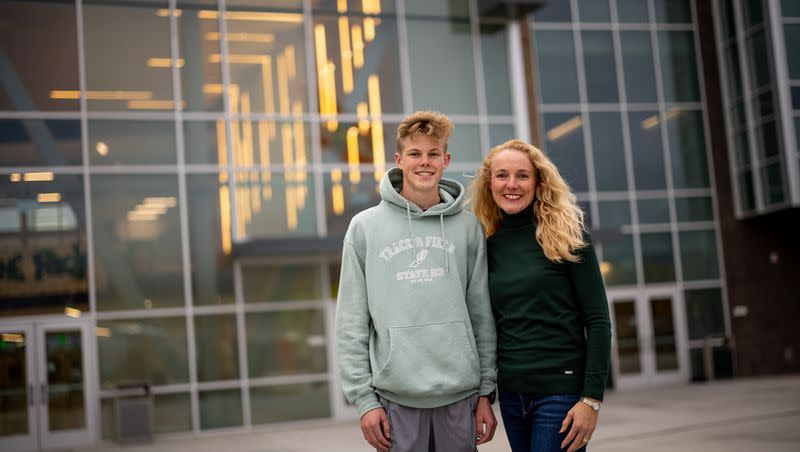 Rebecca Martin, president of the Hillcrest High School PTSA, and her son, Joshua Martin, 16, pose for a photo at the school in Midvale on Tuesday, Nov. 7, 2023.