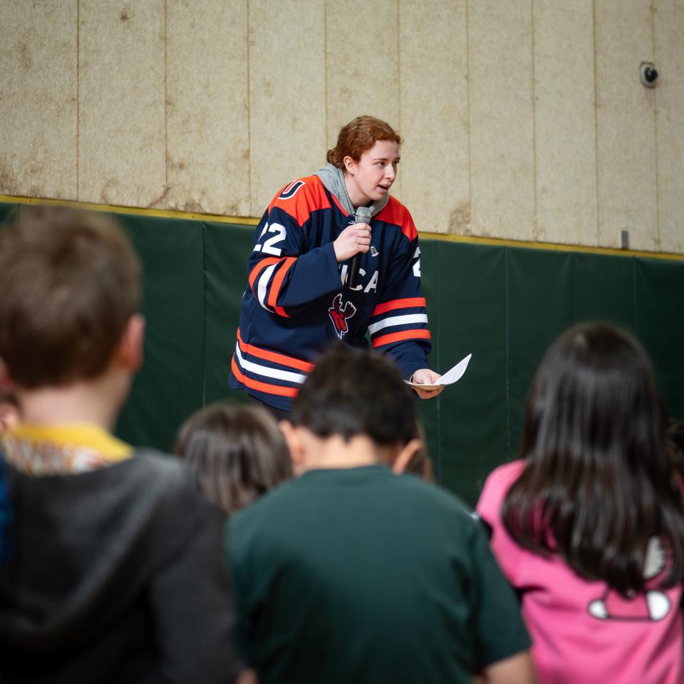 Utica University women's hockey player Erica Sheaffer speaks to the students at Westmoreland Upper Elementary School on Tuesday, February 27, 2024.