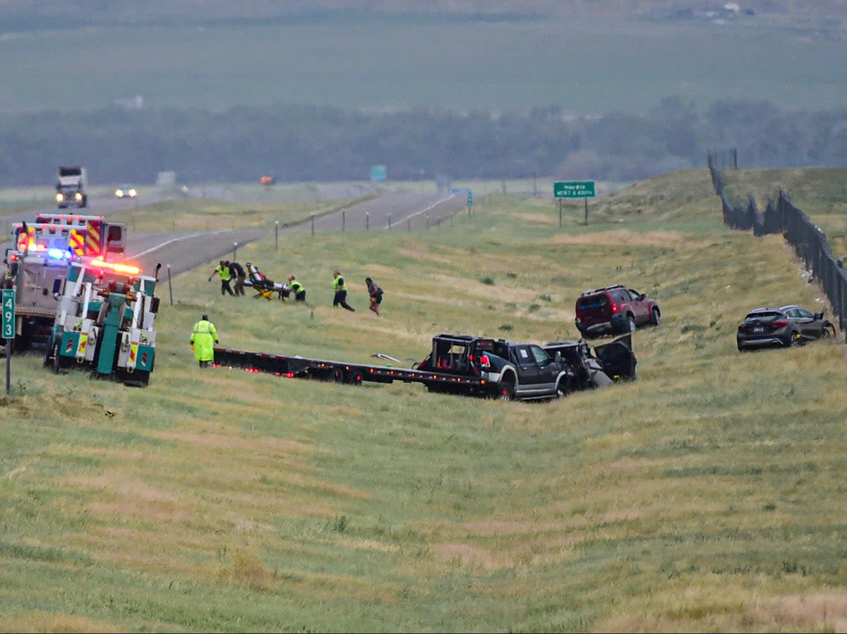 At least 20 cars crashed near Hardin in Montana on Friday (AP)