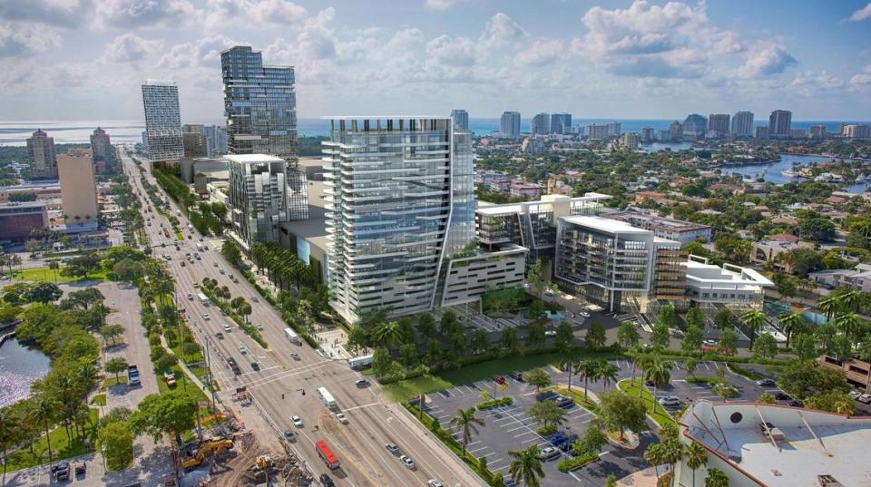 Una foto de archivo del 27 de mayo de 2015, muestra una representación de una reurbanización propuesta en 2414 E. Sunrise Blvd., Galleria Mall, en Fort Lauderdale. Los urbanizadores estaban planeando una remodelación de $750 millones que consistiría en espacio residencial, comercial y hotelero, pero el plan no fue aprobado.