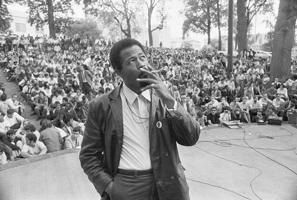 The Black Panther’s Minister for Information, Eldridge Cleaver, addressing college students in 1968 after being paroled for rape. Cleaver described his raping of white women as an “insurrectionary act,” for which he had prepared by first raping Black women. Manson hoped the Panthers would be blamed for murders that his followers committed. (Credit: Getty Images).