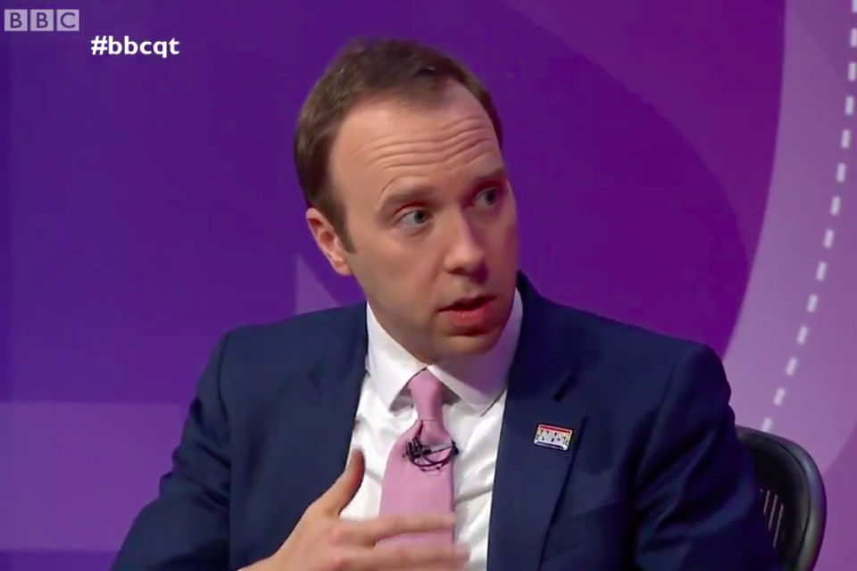Matt Hancock, pictured on BBC Question Time, has called for retired healthcare workers to help out (Twitter/ BBC Question Time )