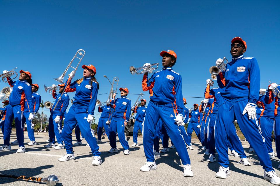 The ROAR Marching Band of Florida Memorial University performs during the Martin Luther King Jr. Day Parade along Blue Heron Blvd., in Riviera Beach, Florida on January 14, 2023. 