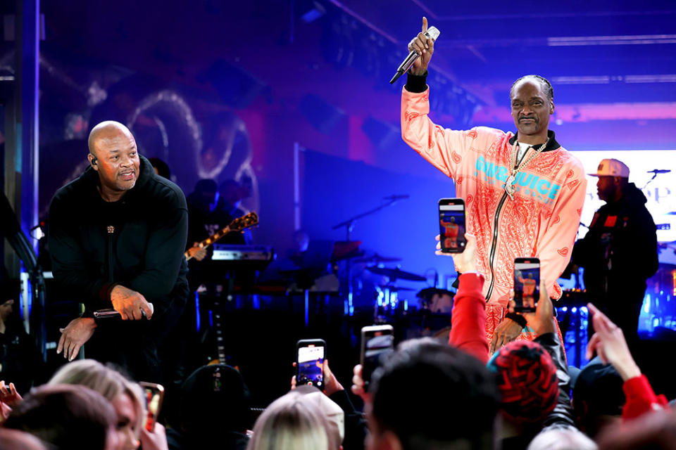 (L-R) Dr. Dre and Snoop Dogg perform onstage during Flipper's Roller Boogie Palace big game after party celebrating the release of "Coming Home" by Usher and "Gin & Juice" by Dre and Snoop at Encore Beach Club at Wynn Las Vegas on February 11, 2024 in Las Vegas, Nevada.