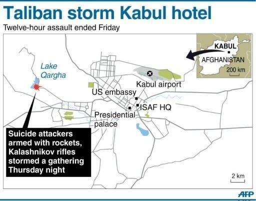 Graphic showing the location of Lake Qargha on the outskirts of Kabul where a militant assault on a hotel ended Friday, with at least 18 people killed