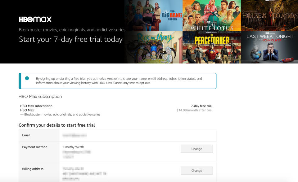A screenshot showing the HBO Max free trial signup page on Prime Video.