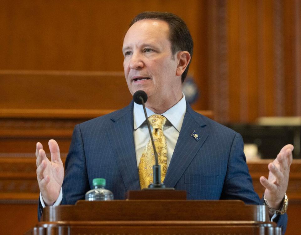 Louisiana Governor Jeff Landry gives his address in the House Chamber on opening day of the regular legislative session, Monday, March 11, 2024, at the Louisiana State Capitol in Baton Rouge, La.