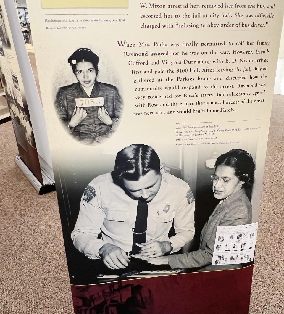 Rosa Parks' mugshot and a photo of her being fingerprinted after she was arrested in connection with the Montgomery Bus Boycott that her refusal to give up her seat to a white passenger spawned were part of a Rosa Parks Museum traveling exhibit.