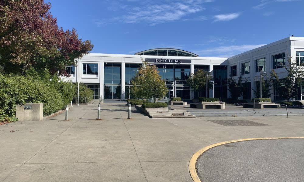 A file photo of Delta City Hall. A resident in the community of Tsawwassen says she was told by a FortisBC representative that they couldn't alert residents about the equipment leak and odour, because they could not predict which way the wind would blow the smell.  (City of Delta - image credit)
