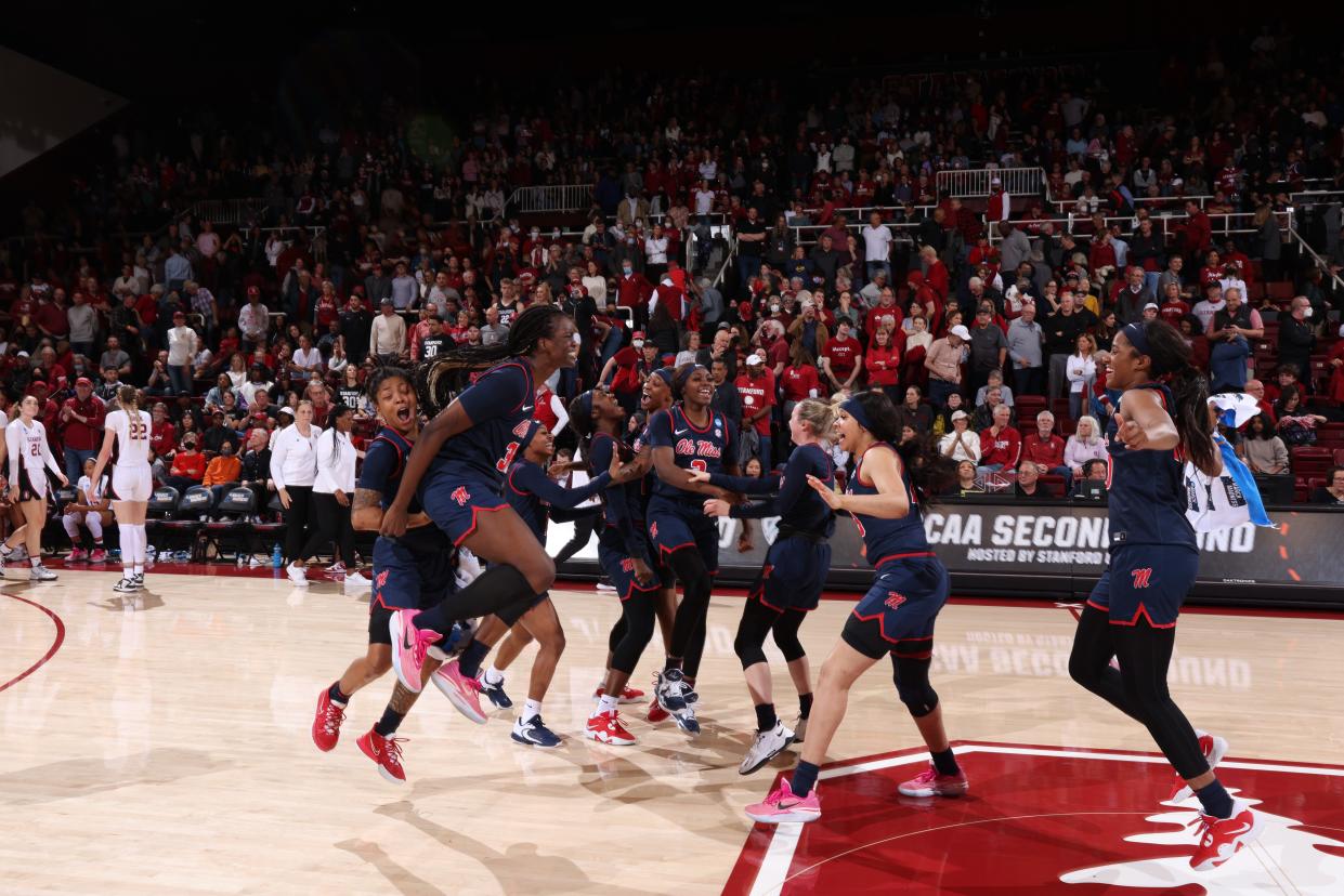 PALO ALTO, CA - MARCH 19: The Ole Miss Rebels celebrate a win against the Stanford Cardinal during the second round of the 2023 NCAA Women's Basketball Tournament held at the Stanford Maples Pavilion on March 19, 2023  in Palo Alto, California. (Photo by John Todd/NCAA Photos via Getty Images)