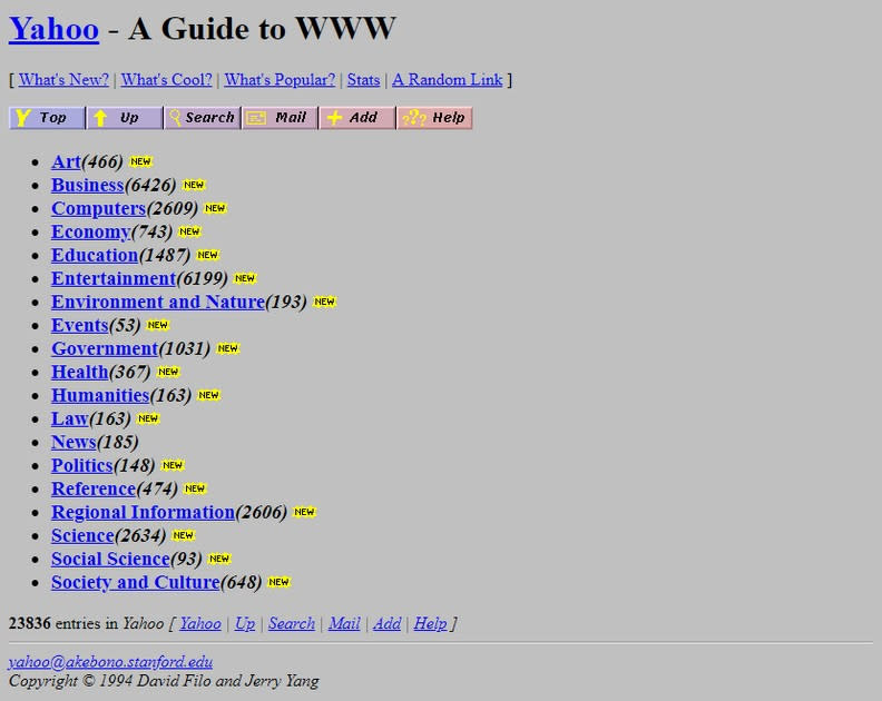 1994年的Yahoo!，是帶領用戶進入各個網頁的索引指南。Yahoo!