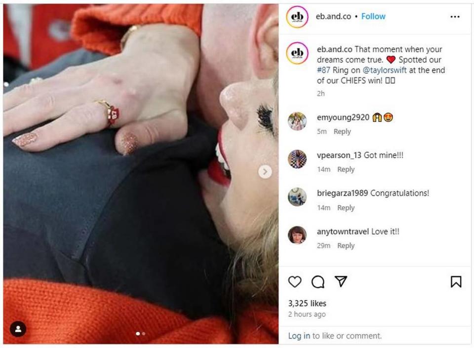 Taylor Swift sent fans clamoring for this Travis Kelce ring sold by EB and Co. in Kansas City when she wore it to the AFC Championship Game Sunday in Baltimore. The store posted this photograph of the singer hugging boyfriend Travis Kelce on its Instagram.