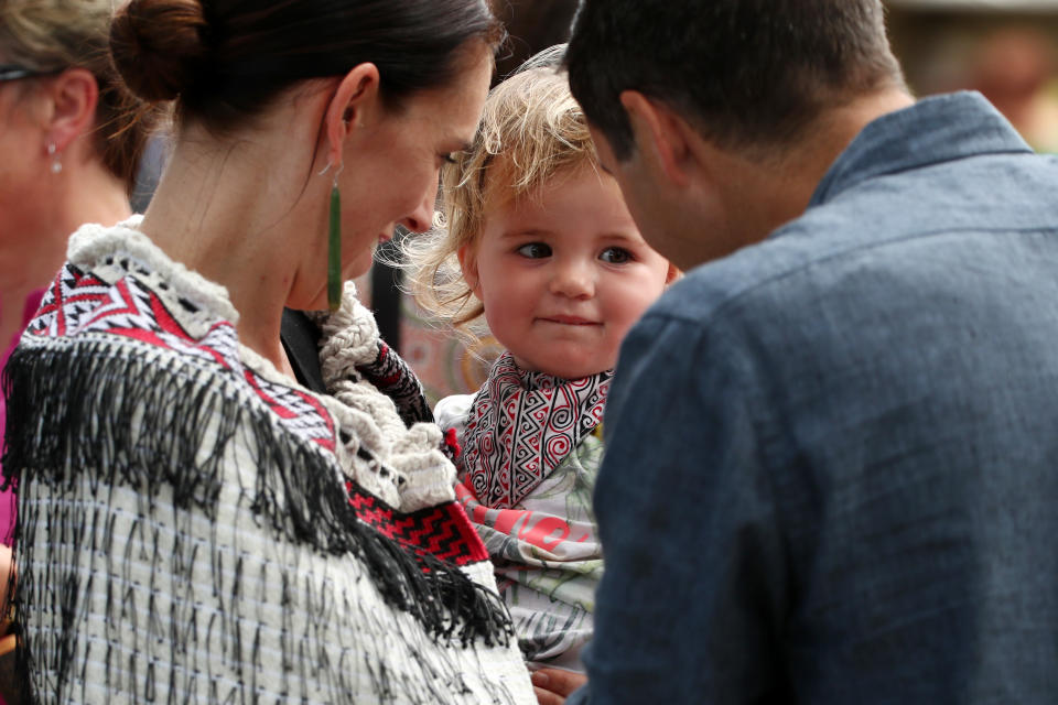 New Zealand Prime Minister and her partner Clarke Gayford with their daughter Neve Gayford at the upper Treaty grounds at Waitangi on February 04, 2020 in Waitangi, New Zealand.