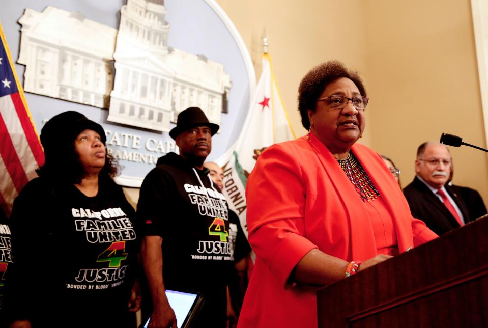 Assemblywoman Shirley Weber, D-San Diego, discusses her bill that would allow police to use deadly force only when there is no reasonable alternative, during a news conference, Wednesday, Feb. 6, 2019, in Sacramento, Calif.