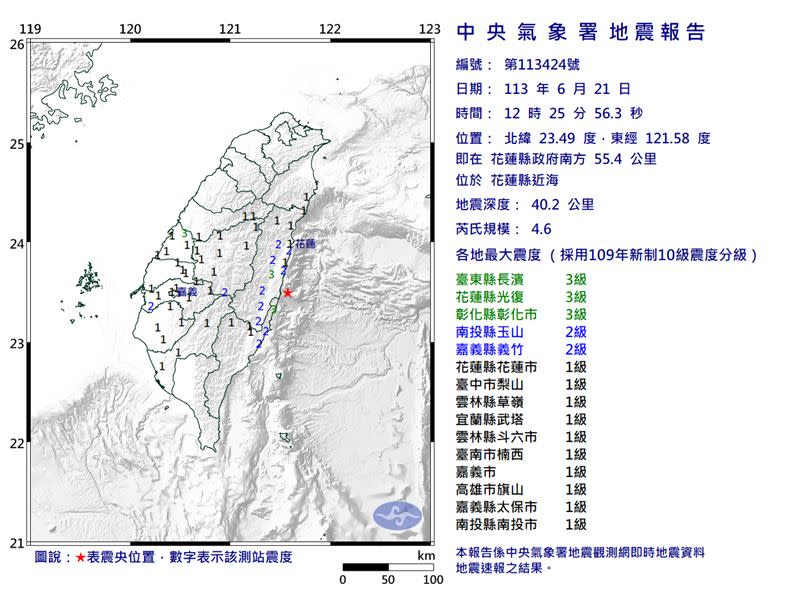 12:25發生芮氏規模4.6地震。（圖／翻攝自氣象署）