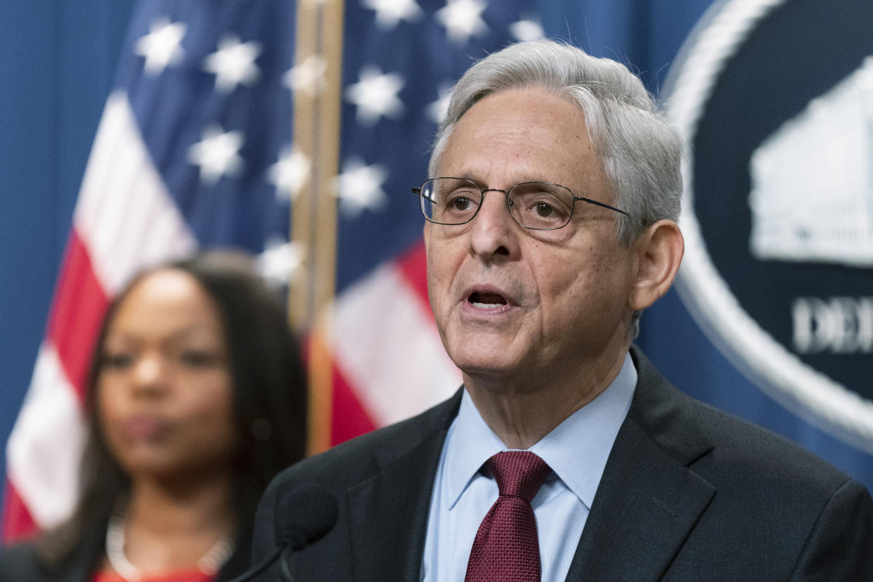 FILE - Attorney General Merrick Garland with Assistant Attorney General Kristen Clarke for the Civil Rights Division, speaks during a news conference at the Department of Justice in Washington, Thursday, Aug. 4, 2022. Recent revelations about the search warrant that led to Breonna Taylor’s death have reopened old wounds in Louisville’s Black community and disrupted the city’s efforts to restore trust in the police department. (AP Photo/Manuel Balce Ceneta)