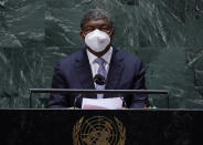 João Manuel Gonçalves Lourenço, President of Angola addresses the 76th Session of the U.N. General Assembly at United Nations headquarters in New York, on Thursday, Sept. 23, 2021. (Timothy A Clary/Pool Photo via AP)