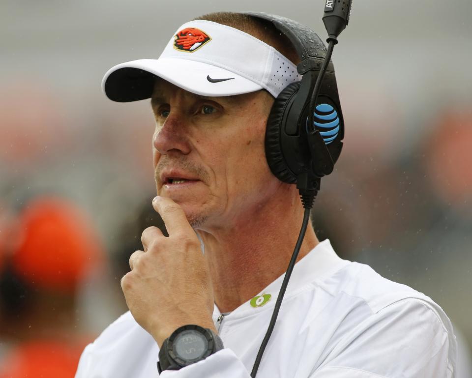 FILE – In this Sept. 17, 2016, file photo, Oregon State head coach Gary Andersen looks on from the sideline during an NCAA college football game in Corvallis, Ore. Oregon State and coach Gary Andersen have mutually agreed to part ways, effective immediately, with the Beavers off to a 1-5 start. The school announced the split in a news release Monday, Oct. 9, 2017, two days after a 38-10 loss at Southern California. (AP Photo/Timothy J. Gonzalez, File)