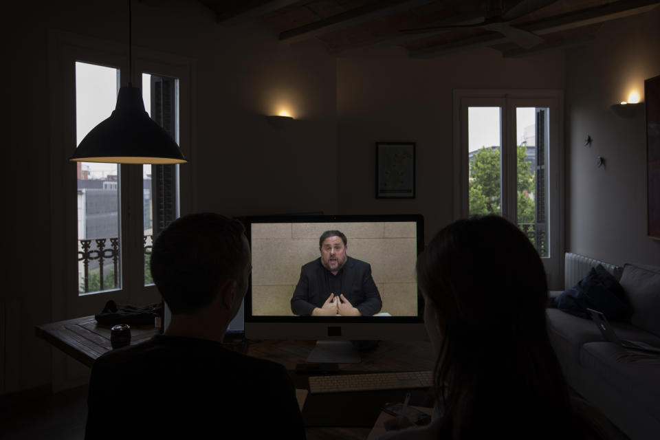 The leader of the Catalan ERC party and European Parliament candidate Oriol Junqueras speaks from Soto del Real prison in Madrid, Friday, May 24, 2019, during an interview via video conference with The Associated Press in Barcelona, Spain. (AP Photo/Emilio Morenatti)