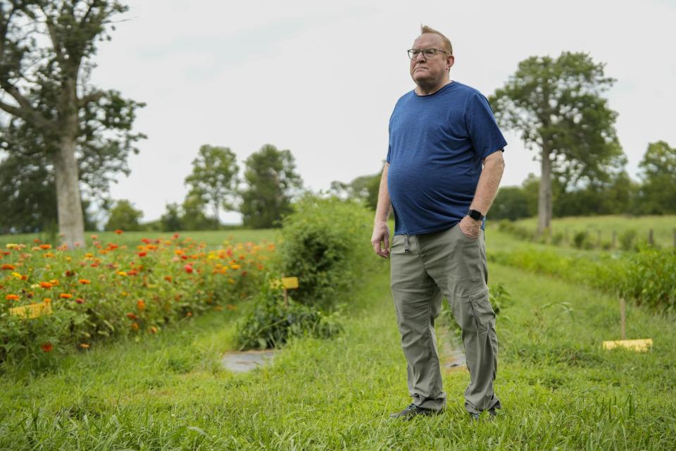 Tom Kimmerer, plant physiologist, poses for a portrait, Tuesday, Aug. 15, 2023, at Elmwood Stock Farm in Georgetown, Ky. He thinks investment flowing toward new versions of indoor farming would be better spent on practical solutions for outdoor farmers like weed-zapping robots, or even climate solutions like subsidizing farmers to adopt regenerative practices. (AP Photo/Joshua A. Bickel)