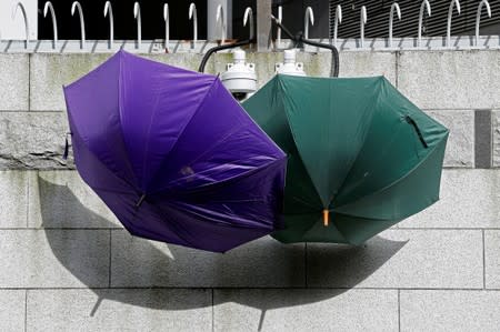 Umbrellas blocking security cameras are seen outside a police headquarters, during a demonstration to demand Hong Kong's leaders step down and withdraw an extradition bill, in Hong Kong