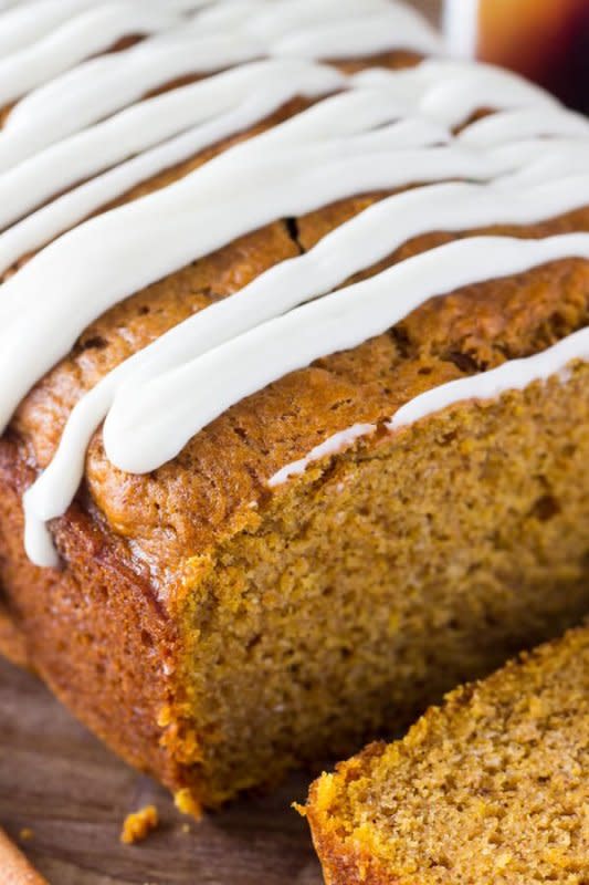 <p>Just So Tasty</p><p>This pumpkin bread with cream cheese glaze is soft and moist with the perfect texture. Filled with spices and vanilla—this pumpkin bread recipe is perfect for fall! </p><p><strong>Get the recipe: <em><a href="https://www.justsotasty.com/pumpkin-bread-with-cream-cheese-glaze/" rel="nofollow noopener" target="_blank" data-ylk="slk:Pumpkin Bread with Cream Cheese Glaze;elm:context_link;itc:0;sec:content-canvas" class="link ">Pumpkin Bread with Cream Cheese Glaze</a></em></strong></p>