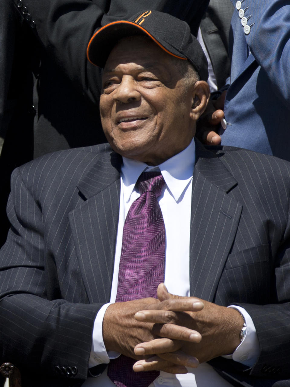 FILE - Willie Mays, who spent the majority of his career as a center fielder with the New York and San Francisco Giants, smiles as President Barack Obama honors the 2012 World Series Champion San Francisco Giants baseball team, July 29, 2013, in Washington. Mays, the electrifying “Say Hey Kid” whose singular combination of talent, drive and exuberance made him one of baseball’s greatest and most beloved players, has died. He was 93. Mays' family and the San Francisco Giants jointly announced Tuesday night, June 18, 2024, he had “passed away peacefully” Tuesday afternoon surrounded by loved ones. (AP Photo/Carolyn Kaster, File)