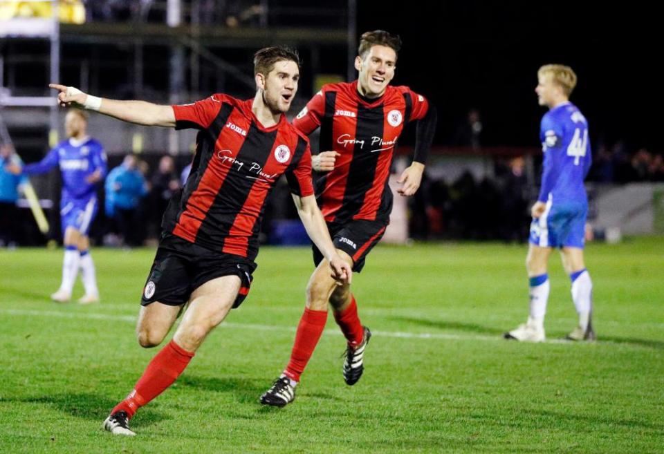 Brackley Town’s Jimmy Armson celebrates after completing his hat-trick against the Gills