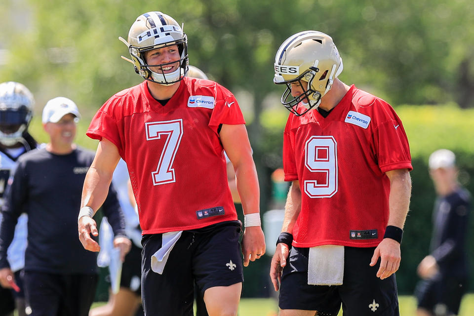 The New Orleans Saints often will put quarterbacks Drew Brees (9) and Taysom Hill (7) on the field regularly together. (Getty Images)