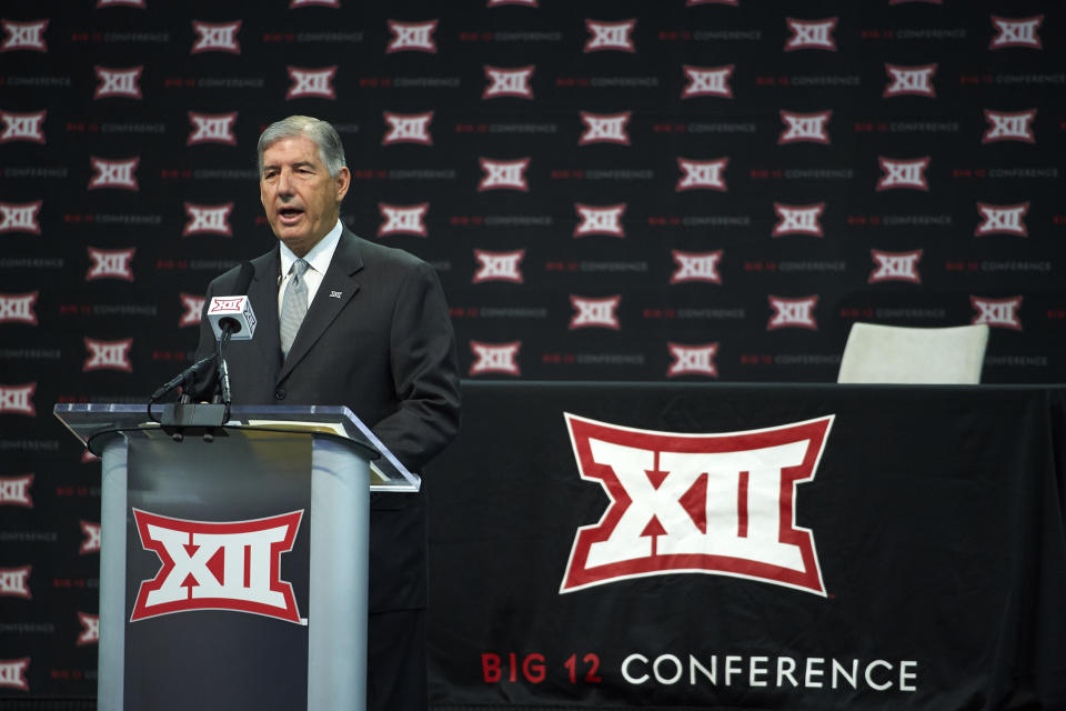 Big 12 commissioner Bob Bowlsby speaks during NCAA college football Big 12 media days in Frisco, Texas, Monday, July 16, 2018. (AP)