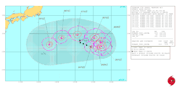 Storm track forecast for Typhoon Noru, showing a curve to the northwest, which is close to Tropical Storm Kulap.