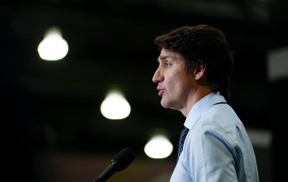 Prime Minister Justin Trudeau talks to the media at the Service Employees International Union's (SEIU) Quadrennial North American Convention In Philadelphia on Tuesday, May 21, 2024.