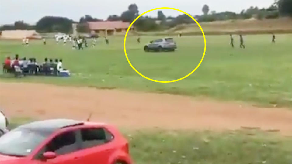 A BMW driving on the pitch during a match in the ABC Motsepe League match between Luka Ball Controllers and Polokwane City Rovers.