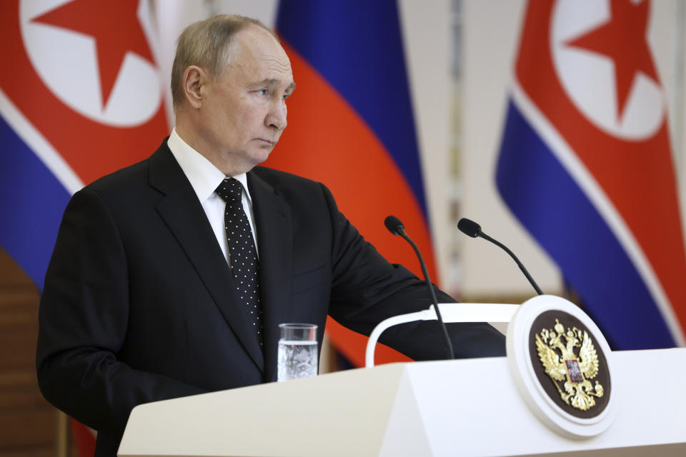 Russian President Vladimir Putin speaks to the media after the talks with North Korea's leader Kim Jong Un in Pyongyang, North Korea, on Wednesday, June 19, 2024. (Gavriil Grigorov, Sputnik, Kremlin Pool Photo via AP)